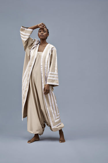Beige Farwah Coat With Handsewn Ribbons