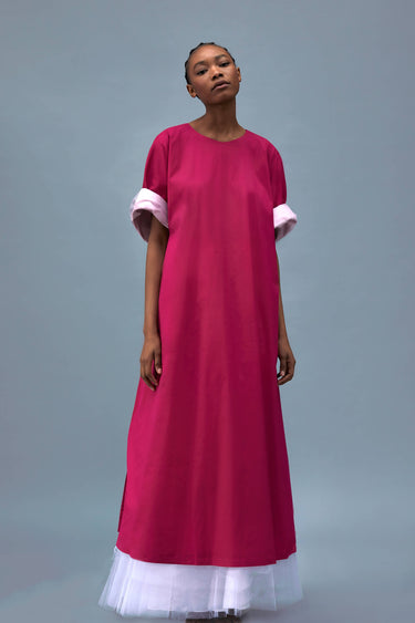 Pink Cotton Kaftan Dress With Pockets Contrast Lining