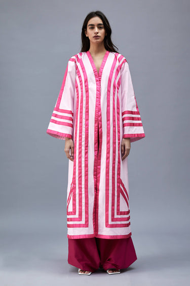 Fuschia Thoub Coat With Handsewn Ribbons