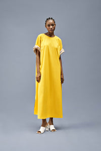 Yellow Cotton Kaftan Dress With Pockets Contrast Lining
