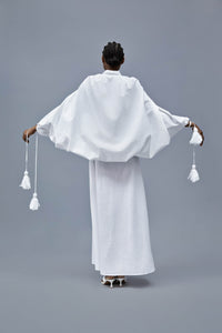 White Cotton Multiway Shirt Dress With Cape Sleeve & Tassels
