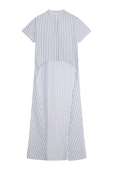 Black & White Stripe Cotton Short Sleeve High Neck Shirt With Long Tail