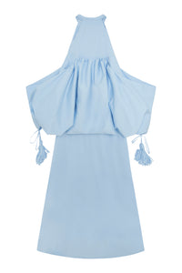 Sky Blue Cotton Multiway Shirt Dress With Cape Sleeve & Tassels